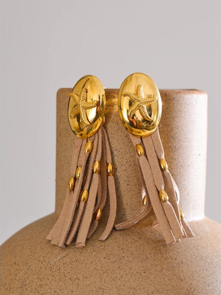 Ocean shell leather tassel drop earrings - product image