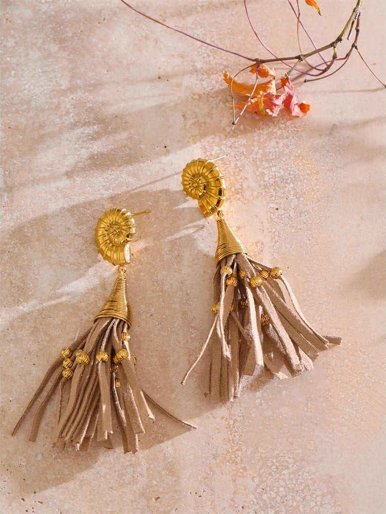 Ocean shell leather tassel drop earrings - product image