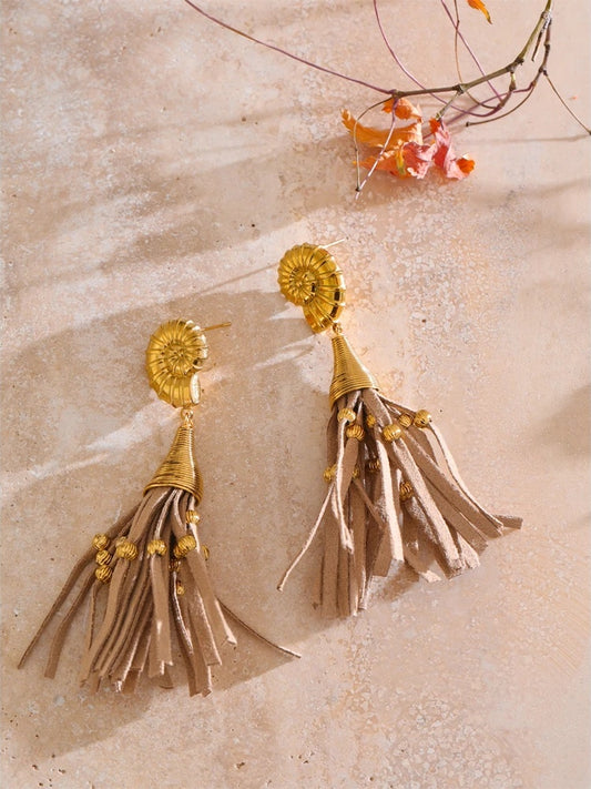 Ocean shell leather tassel drop earrings - product image