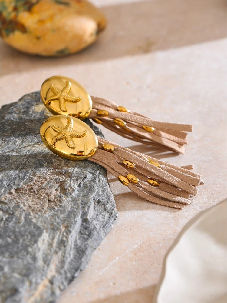 Ocean shell leather tassel drop earrings - product image