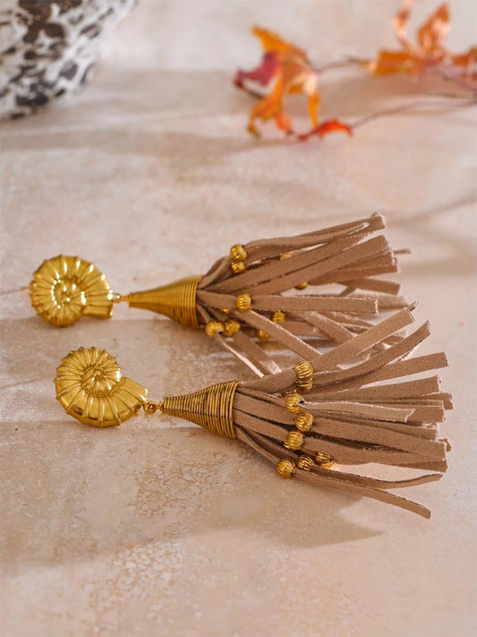 Ocean shell leather tassel drop earrings - product image