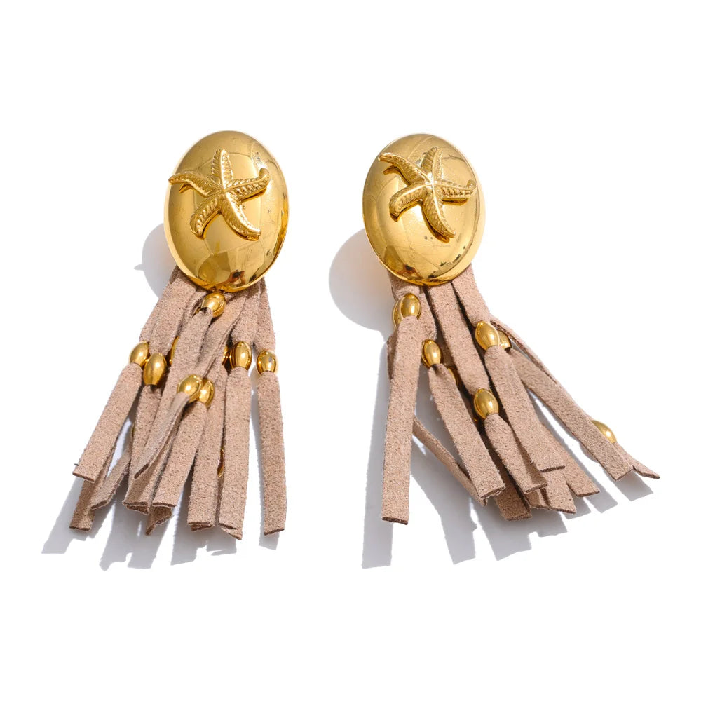 Ocean shell leather tassel drop earrings - product image