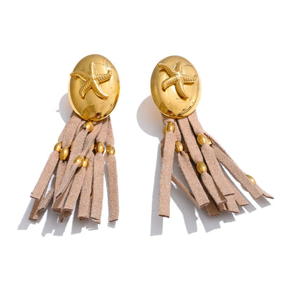 Ocean shell leather tassel drop earrings - product image