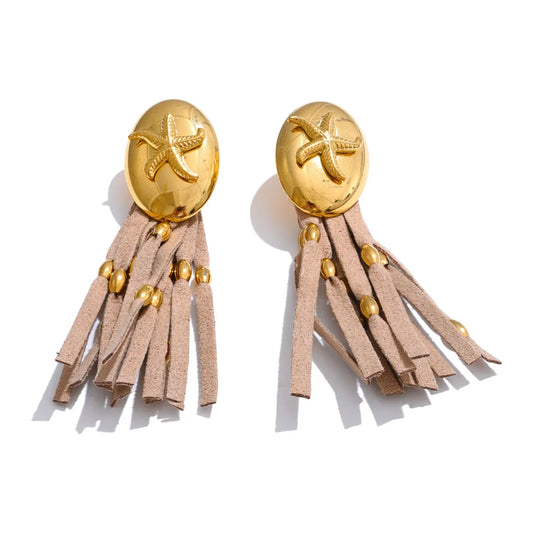 Ocean shell leather tassel drop earrings - product image