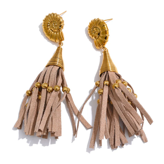 Ocean shell leather tassel drop earrings - product image