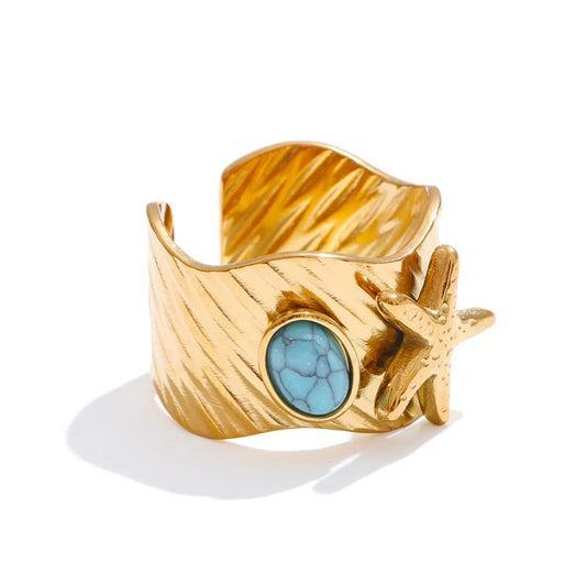 Ocean style blue turquoise starfish open adjustable ring - product image
