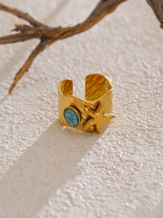 Ocean style blue turquoise starfish open adjustable ring - product image