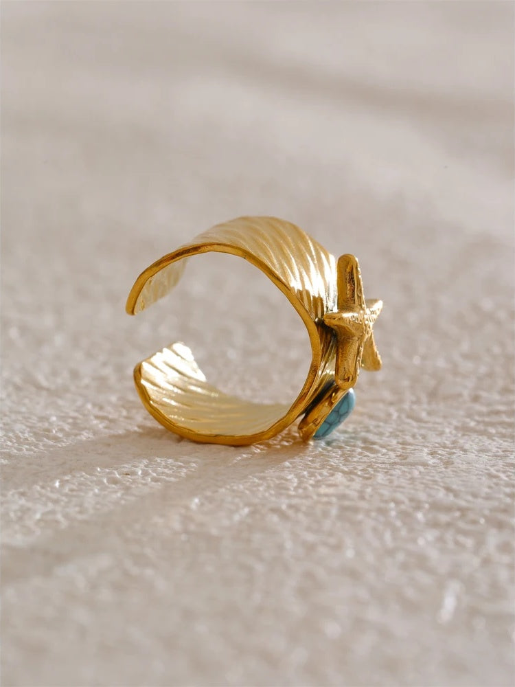 Ocean style blue turquoise starfish open adjustable ring - product image
