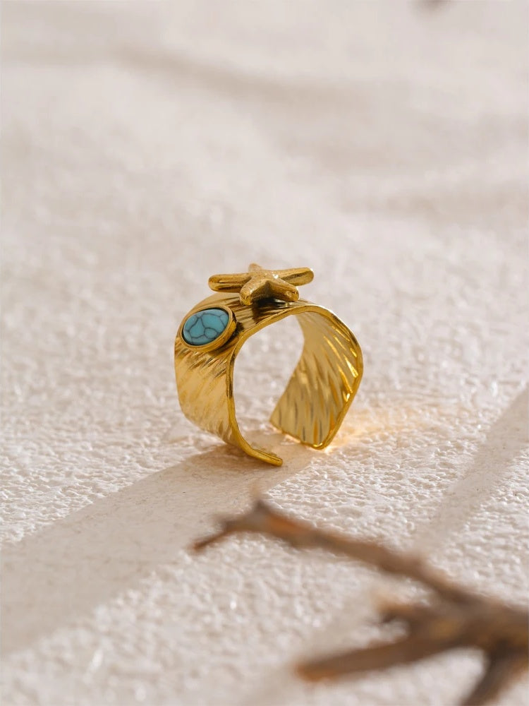 Ocean style blue turquoise starfish open adjustable ring - product image