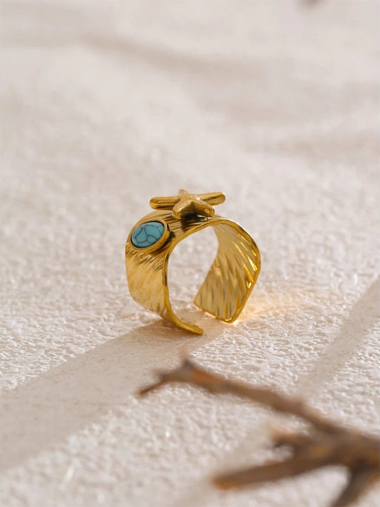 Ocean style blue turquoise starfish open adjustable ring - product image