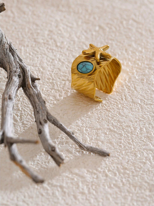 Ocean style blue turquoise starfish open adjustable ring - product image