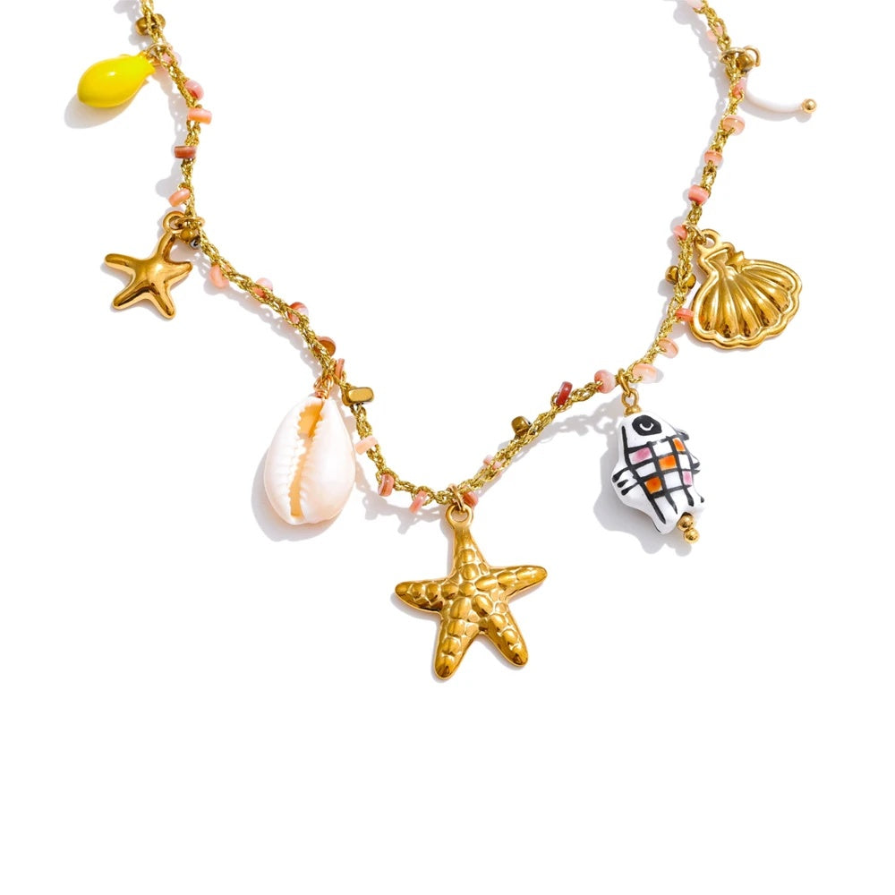Ocean style ceramic fish starfish shell pendant necklace - product image