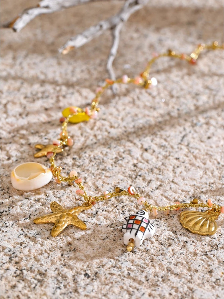 Ocean style ceramic fish starfish shell pendant necklace - product image