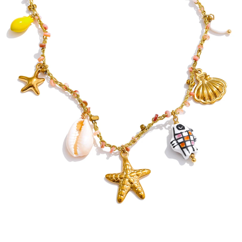 Ocean style ceramic fish starfish shell pendant necklace - product image