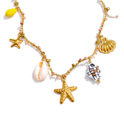 Ocean style ceramic fish starfish shell pendant necklace - product image