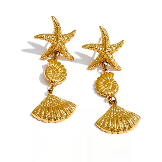 Ocean style conch shell starfish drop earrings - product image
