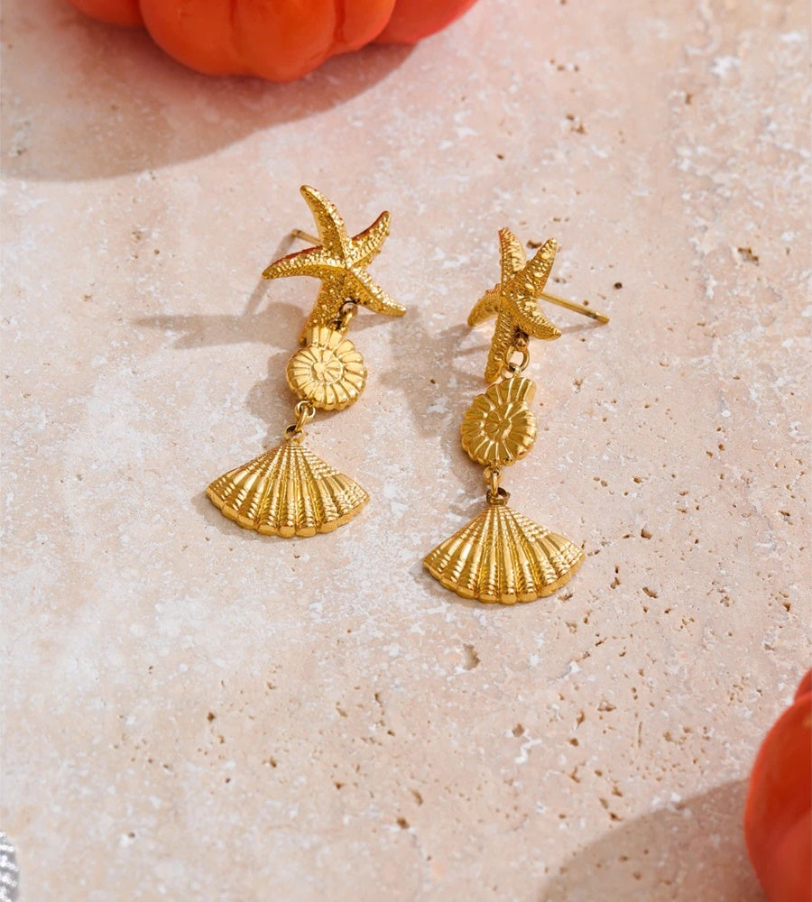 Ocean style conch shell starfish drop earrings - product image