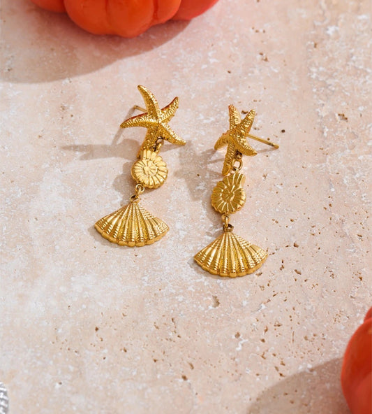 Ocean style conch shell starfish drop earrings - product image