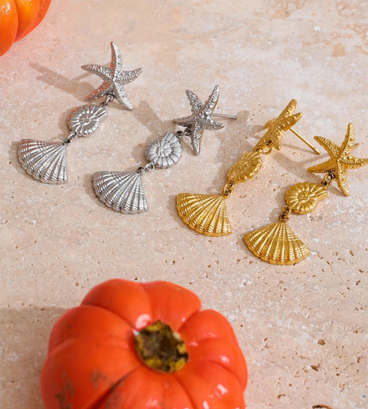 Ocean style conch shell starfish drop earrings - product image