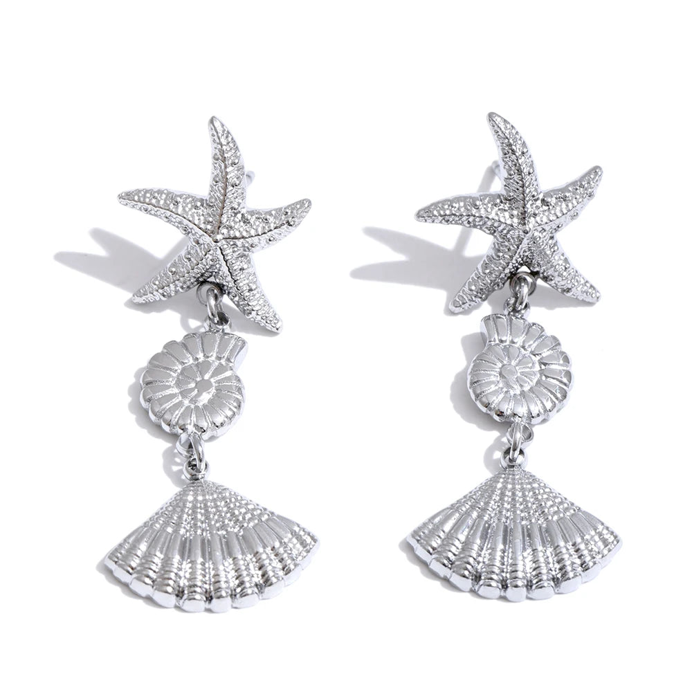 Ocean style conch shell starfish drop earrings - product image