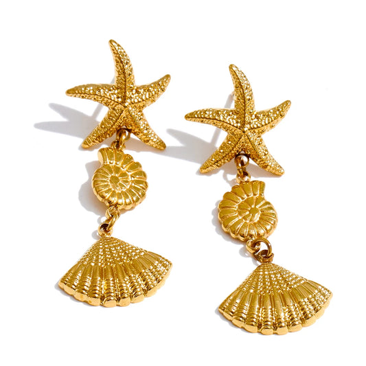 Ocean style conch shell starfish drop earrings - product image