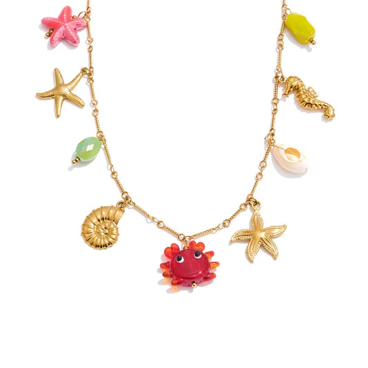 Ocean style crab starfish shell pendant necklace - product image