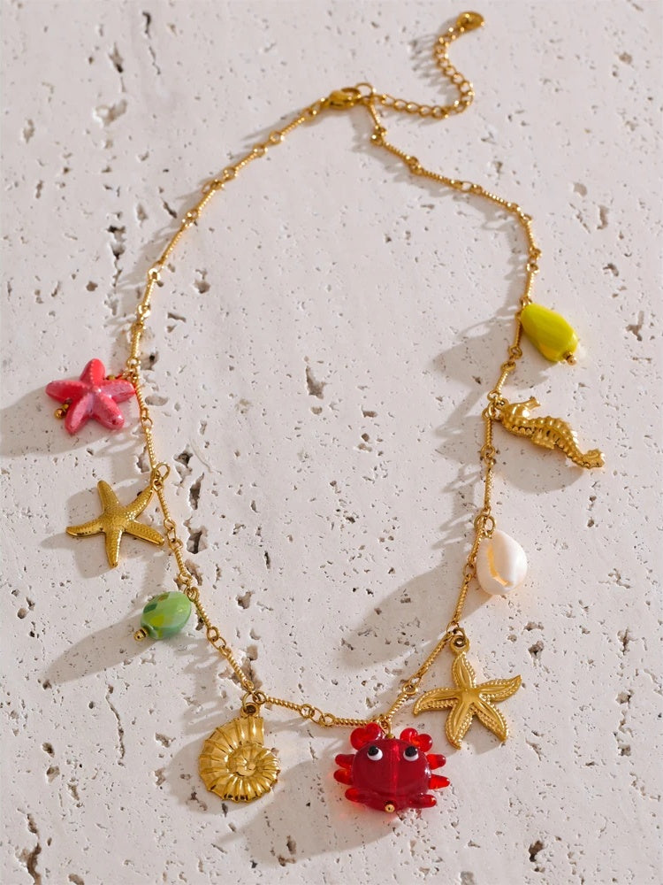 Ocean style crab starfish shell pendant necklace - product image