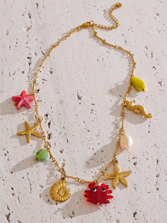 Ocean style crab starfish shell pendant necklace - product image