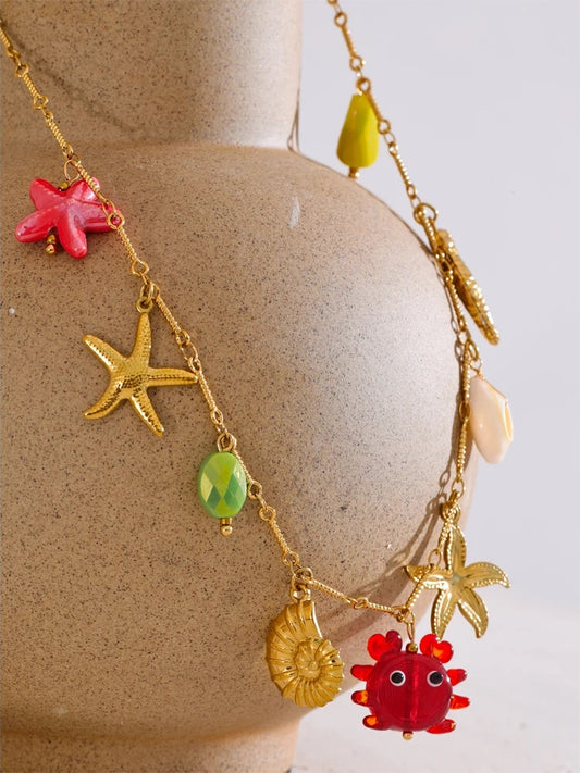 Ocean style crab starfish shell pendant necklace - product image