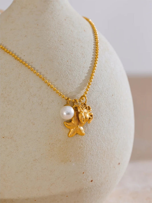 Ocean style pearl starfish crab pendant necklace - product image