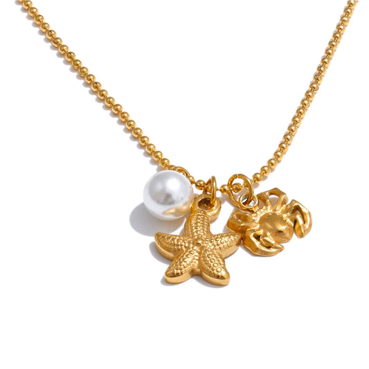 Ocean style pearl starfish crab pendant necklace - product image