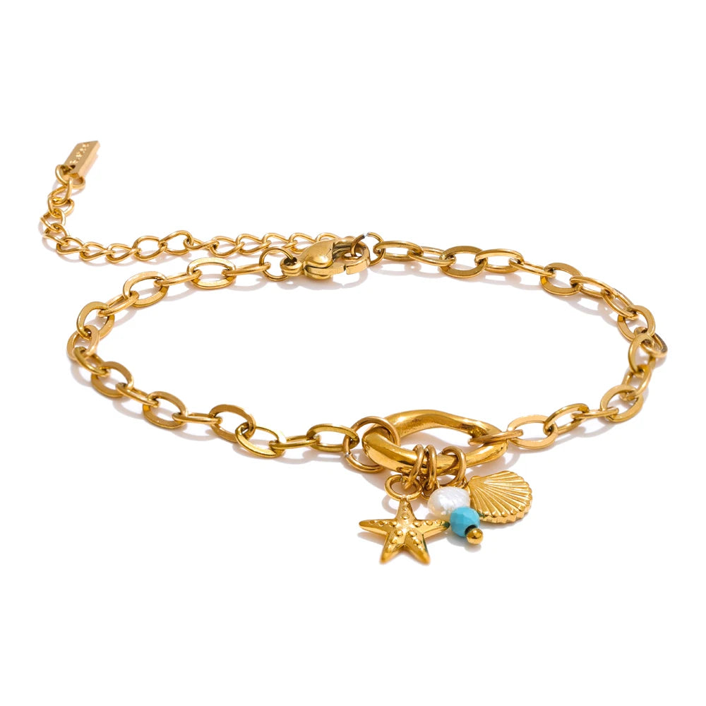 Ocean style pearl turquoise chain bracelet - product image