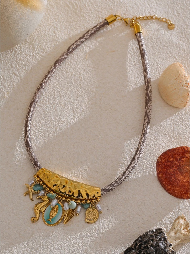 Ocean style pearls starfish shell pendant - product image