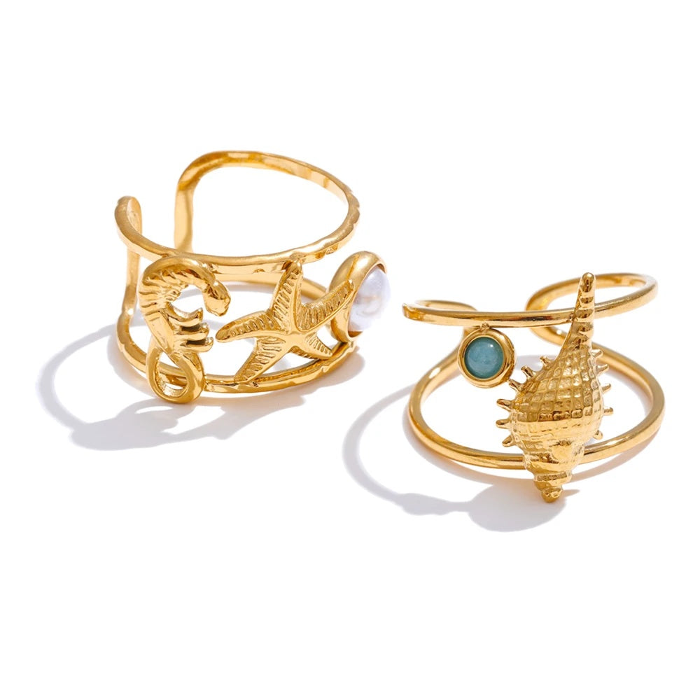 Ocean style seahorse starfish shell adjustable ring - product image