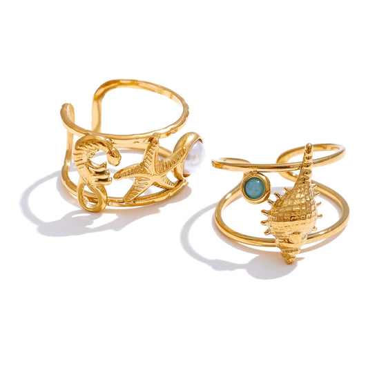 Ocean style seahorse starfish shell adjustable ring - product image