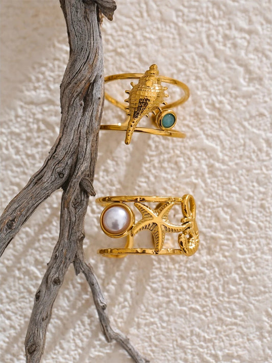 Ocean style seahorse starfish shell adjustable ring - product image