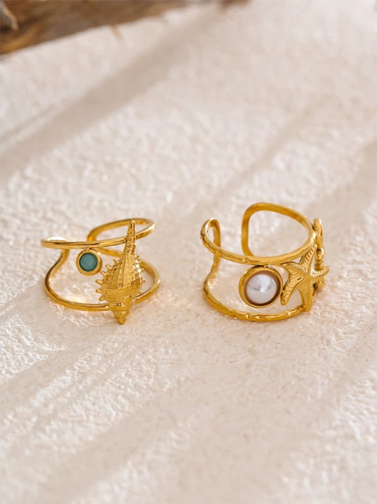 Ocean style seahorse starfish shell adjustable ring - product image