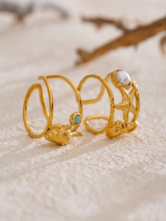 Ocean style seahorse starfish shell adjustable ring - product image