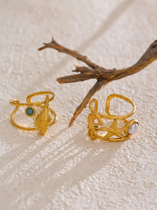 Ocean style seahorse starfish shell adjustable ring - product image
