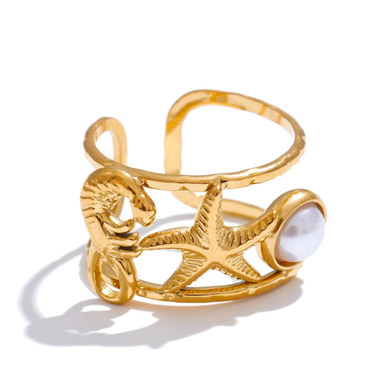Ocean style seahorse starfish shell adjustable ring - product image