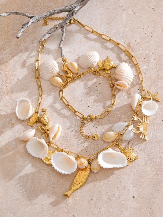Ocean style shell conch fish charm necklace set - product image