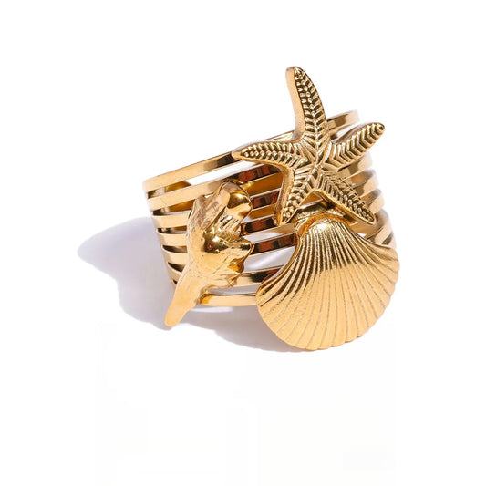 Ocean style shell conch starfish layered open ring - product image