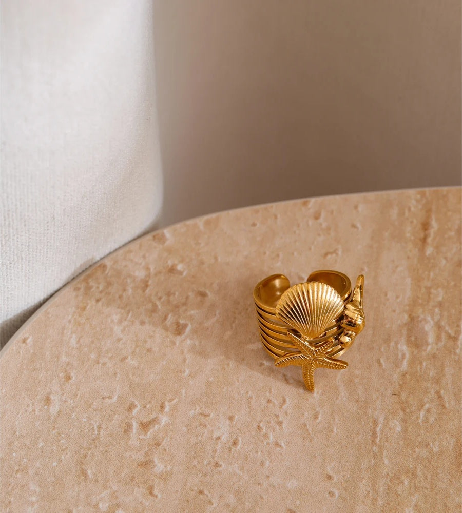 Ocean style shell conch starfish layered open ring - product image