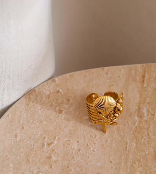 Ocean style shell conch starfish layered open ring - product image