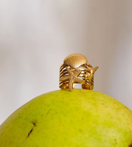 Ocean style shell conch starfish layered open ring - product image
