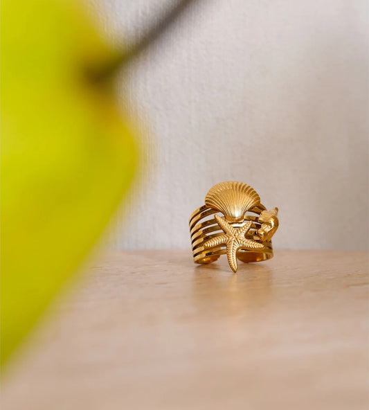 Ocean style shell conch starfish layered open ring - product image