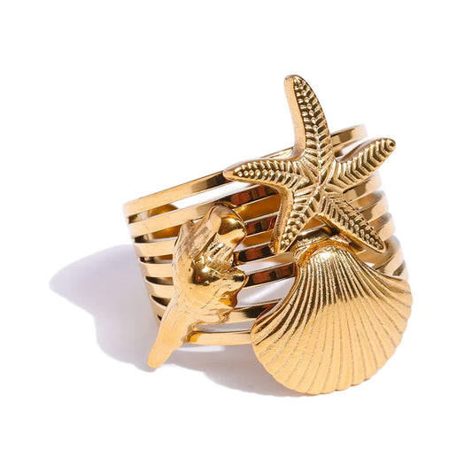 Ocean style shell conch starfish layered open ring - product image