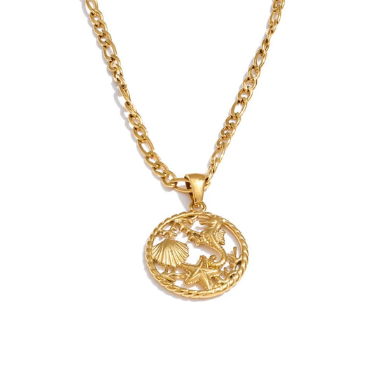 Ocean style shell starfish round pendant necklace - product image