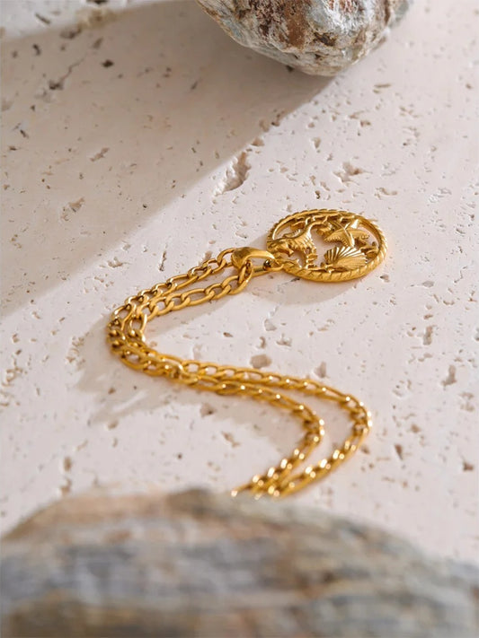 Ocean style shell starfish round pendant necklace - product image