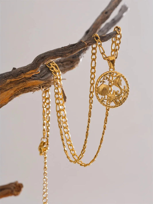 Ocean style shell starfish round pendant necklace - product image